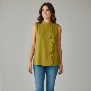 Bobeau Chartreuse Ruffle Front Mock Neck Sleeveless Blouse | Size M